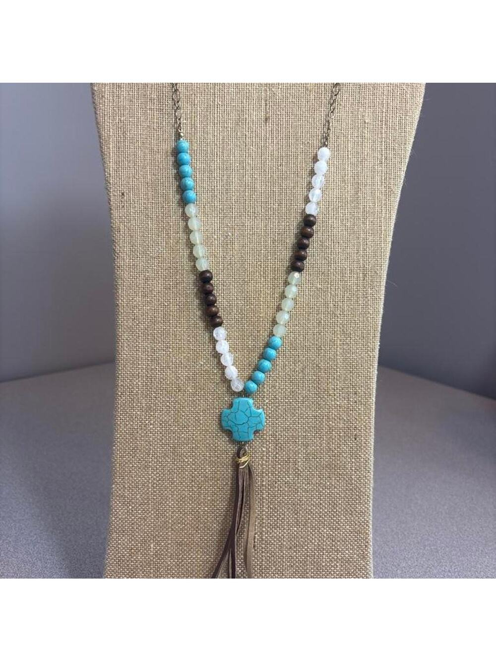 Turquoise Wood and White Beaded Necklace with Turquoise Cross Pendant